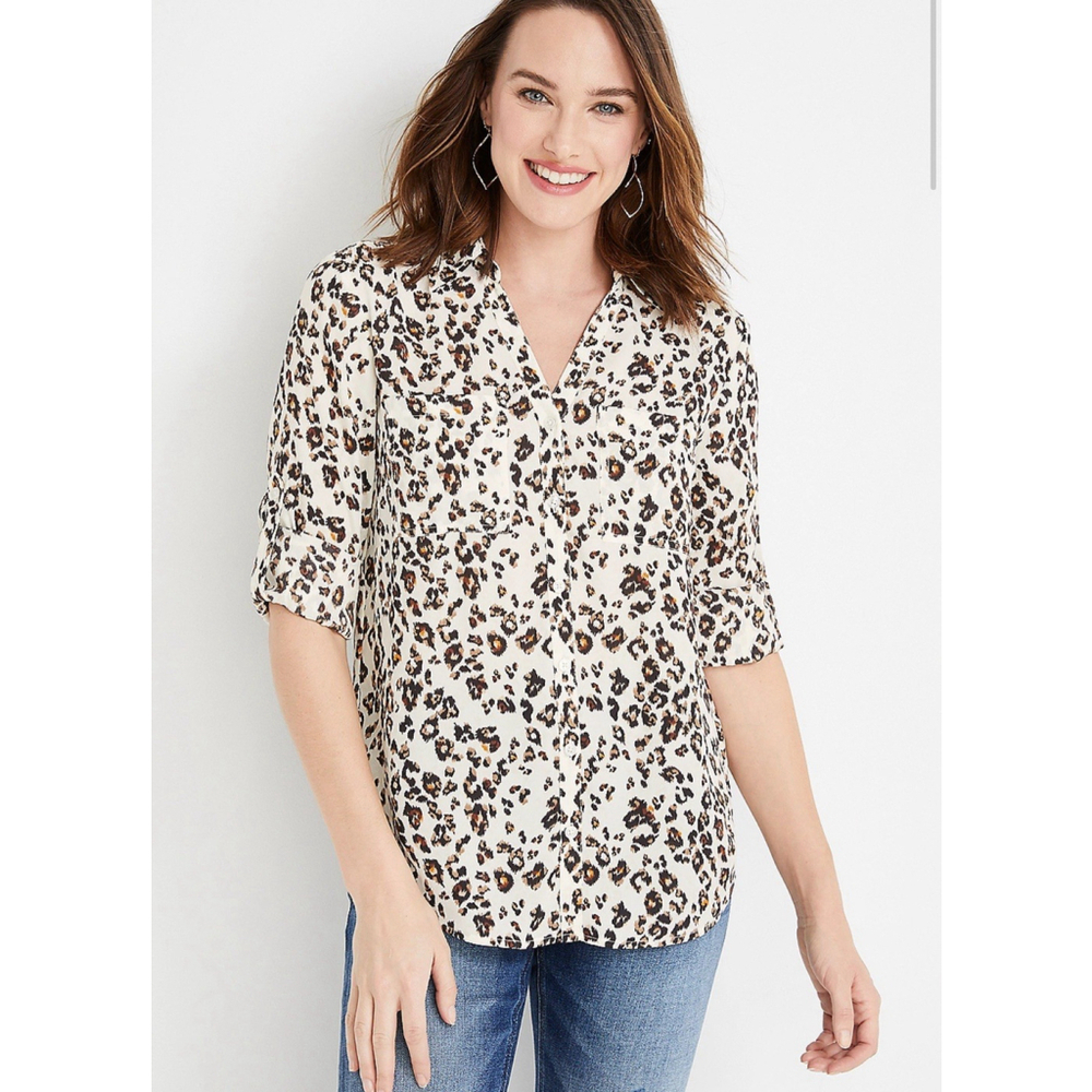 NWT Maurices Winona Blouse Lightweight Leopard Flowy Georgette Long Tab Breezy